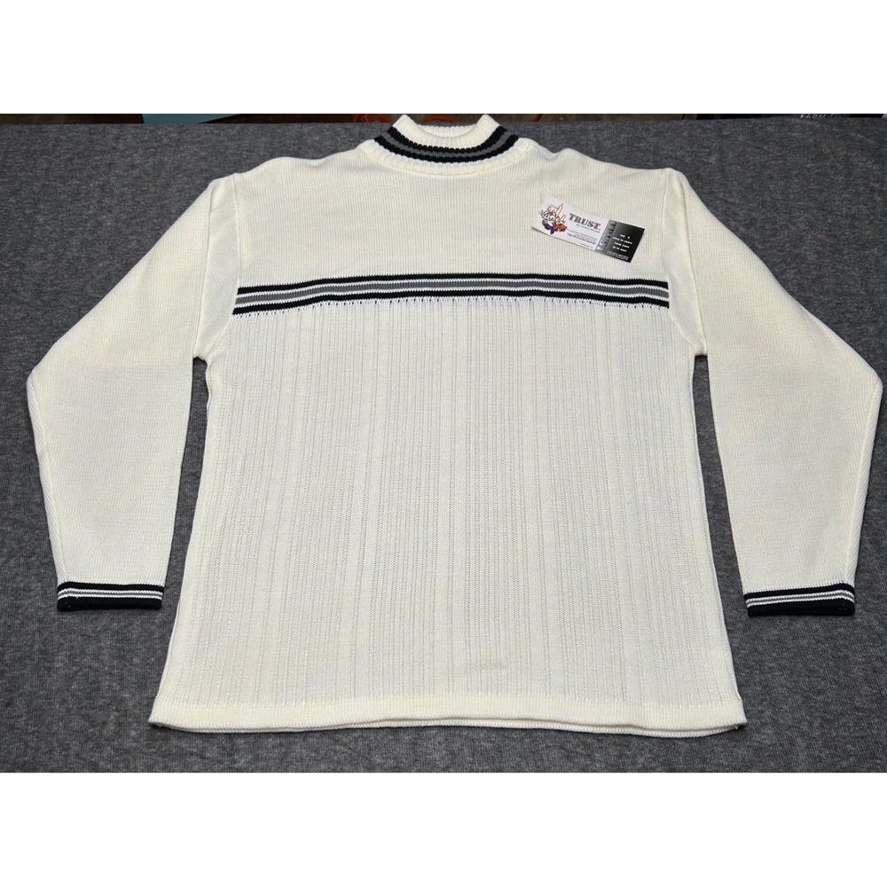 Trust Urban Style White Striped Knit Mock Neck Sweater Mens Medium Pullover Y2K